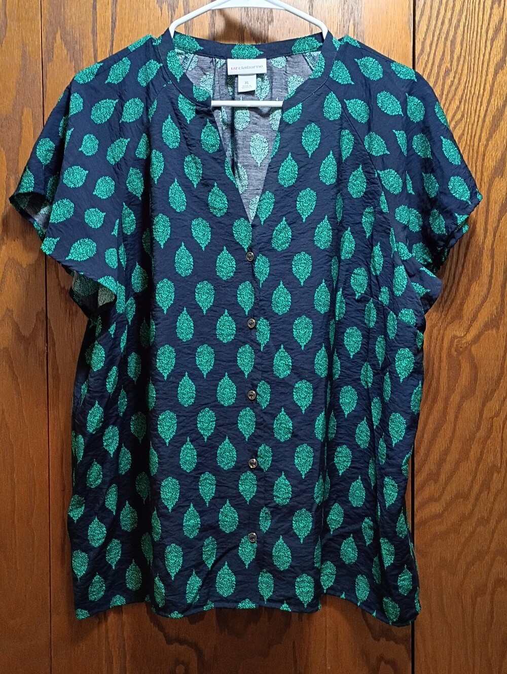 Liz Claiborne Navy Button-Front Top with Green Leaf Print